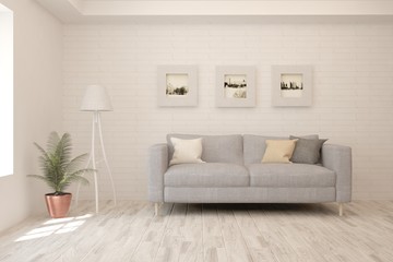 Stylish room in white color with sofa. Scandinavian interior design. 3D illustration