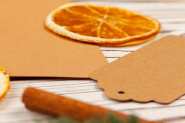 Close up shot of a Christmas decor details on wooden board