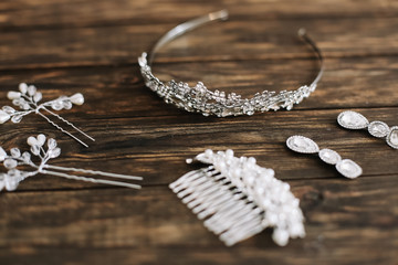 bridal hair accessories. Beauty of wedding accessories indoors. Close-up bridal jewellery. wedding details