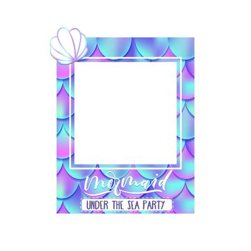 Mermaid under the sea party photo booth with shell vector illustration. Colorful frame for photography decorated by ocean symbol. Colorful geometric shape with pattern and aqua sign