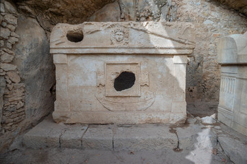 Monumental graves of the harbour, Olympos antique city ruins. Kemer, Antalya, Turkey.