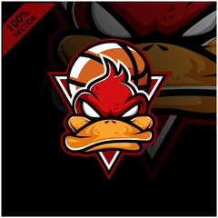 Vector sport logo, duck head illustration and basketball on the shield background. Logo for sport club or team. Vector illustration	