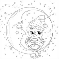 Coloring book for adult and older children. Coloring page with an owl on the moon among the stars.