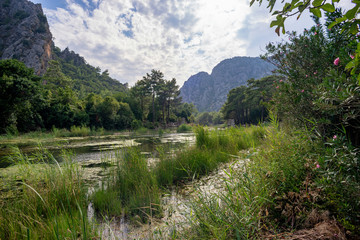 River through Olympos antique city ruins. Kemer, Antalya, Turkey.
