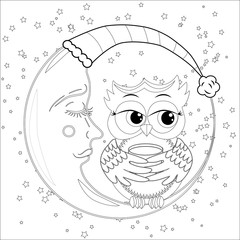 Coloring book for adult and older children. Coloring page with an owl on the moon among the stars.