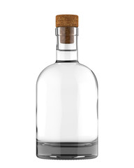 Clear White Glass Whiskey, Vodka, Rum, Wine, Ticture, Moonshine or Tequila Bottle with Clear Liquid and Cork. 17oz (16 oz) or 500 ml (50 cl) volume. Isolated 3D Render on White with Clipping Path.