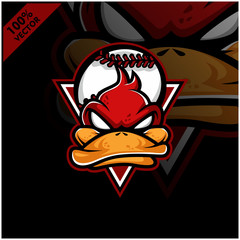 Vector sport logo, duck head illustration and baseball on the shield background. Logo for sport club or team. Vector illustration	
