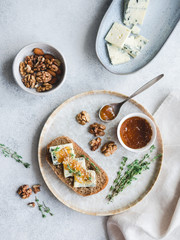 snacks with bread, blue cheese and jam
