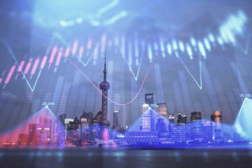 Forex chart on cityscape with tall buildings background multi exposure. Financial research concept.