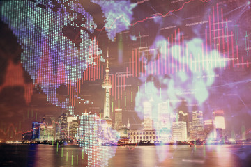 Financial graph on night city scape with tall buildings background multi exposure. Analysis concept.