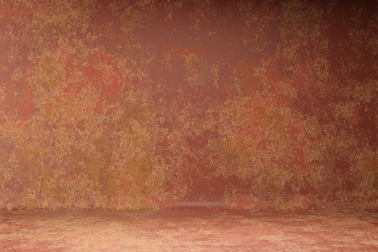 Abstract stylish photo studio portrait background. Wall scratch blur dark brown paint grunge backdrop. 3D rendering