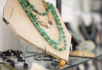 Necklace from aventurine stone in a jewelry store