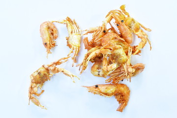 deep fried little swimming crab and shrimp with flour on white background