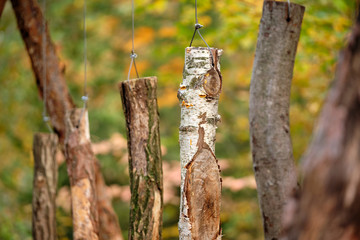Birch wood and other types of wood are hanging on wires in the forest o that you can hear their tone when knocking at them. Seen in October in Germany