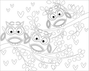 Coloring book for adult and older children. Coloring page with cute owl and floral frame. Outline drawing in zentangle style