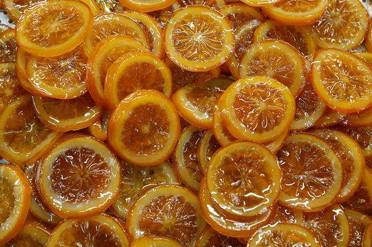 Candied slices of orange are seen before export to Japan at the Cruzilles factory in Clermont-Ferrand