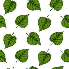 Hand drawn seamless pattern with green fresh leaves. Sketch vector illustration. Vintage line art