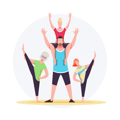 Vector illustration of a friendly sporty family. Grandmother, father, mother and daughter do fitness together.
