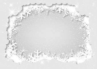 White Christmas Layered Paper Style Background with Snowflakes and Snow and Glitters with Stars - Abstract illustration for Your Graphic Designs, Vector