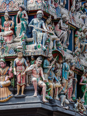 Close up of Gopuram of the Hindu temple Sri Mariamman near China Town Singapore