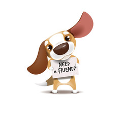 Vector illustration of a puppy standing with a banner in his hands. Puppy looking for friends.