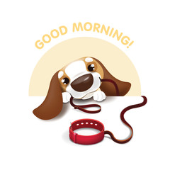 Vector illustration of a puppy who brought a leash and asks for a walk. Good morning sticker.