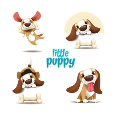 Set of vector illustrations of puppy in different situations. The puppy lies, sits and jumps for the bone.