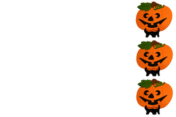 Three Jack O Lanterns pumpkins isolated on white background. Crafts made of felt, Halloween pumpkin. Hello autumn and Halloween concept.