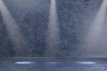 Naklejka premium Abstract stylish photo studio portrait background. Wall scratch blur paint dark blue grunge backdrop lighted spotlight lamp. 3D rendering