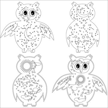 Coloring page with symbol moon, sun, owl. coloring book for adult, antistress, album, wall mural, art, tattoo. Black and white outline illustration.
