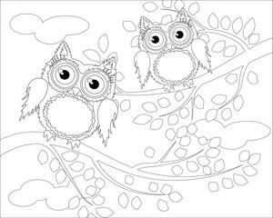 Coloring book for adult and older children. Coloring page with cute owl and floral frame. Outline drawing in zentangle style