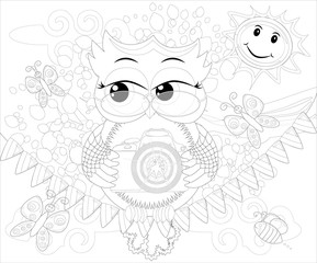 Doodles design of a photographer owl taking photo. coloring book for adult, card,poster,banner