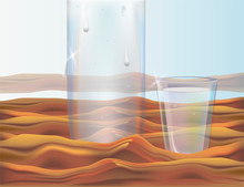The image of a transparent bottle and a glass of water against the blue sky and sand dunes. Can be used to advertise drinks.