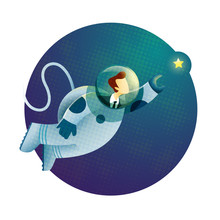 Businessman in an astronaut costume is trying to get a star from the sky.