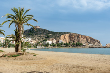 View of the beach of the village of Águilas, Murcia, with the rock of the snorer.