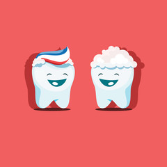 Vector illustration of funny cute teeth smeared with toothpaste