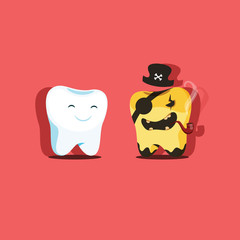 Vector illustration of two healthy and sick teeth. Sick tooth in the image of the evil pirate.