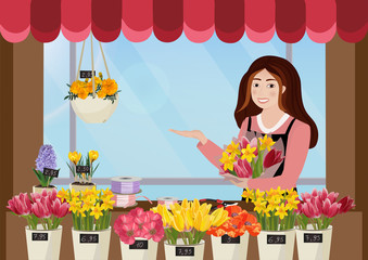 A florist girl in the flower shop. Vector illustration.