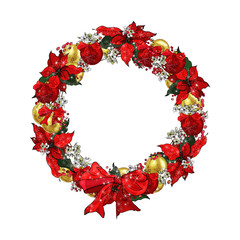 Beautiful Christmas wreath with holly berries, flowers, poinsettia, gold and red balls. Round frame for festive season design, advertisement, greeting cards, invitation, posters. Vector.