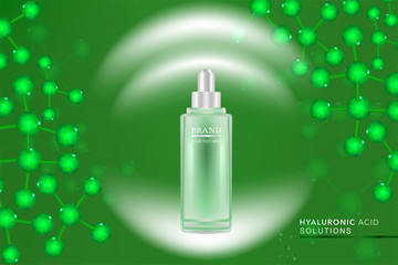 Beauty product ad design, green cosmetic container with collagen solution advertising background ready to use, luxury skin care banner, illustration vector.	