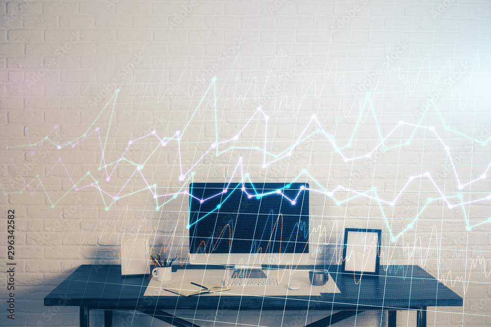 Poster multi exposure of forex chart and work space with computer. concept of international online trading.