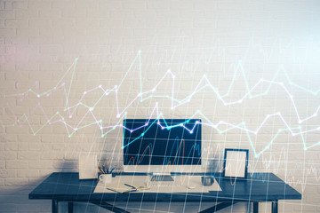 Multi exposure of forex chart and work space with computer. Concept of international online trading.