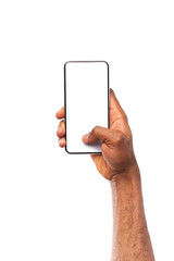 Mockup image of black hand holding smartphone with blank screen