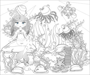 Coloring book for children: little mermaid and sea world