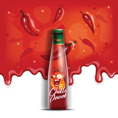 Vector seamless pattern with dripping hot chili sauce. Vector illustration of bottle of chili sauce in realistic style.