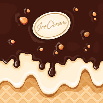 Vector seamless pattern with ice cream, wafer and chocolate topping with nuts