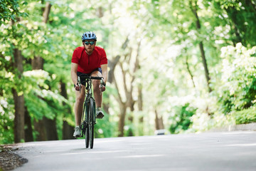 Looking forward. Cyclist on a bike is on the asphalt road in the forest at sunny day