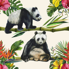 Hand drawn watercolor pattern with panda and exotic flowers, bamboo leaves. Seamless patterns
