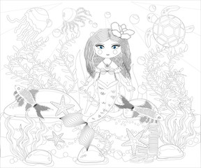 Fototapeta na wymiar Beautiful mermaid. Underwater world. Anti stress coloring book for adult. Outline drawing coloring page. Black and white in zentangle style. Sea, shells. Marine theme.