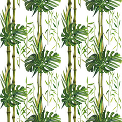 Hand drawn watercolor pattern with bamboo leaves. Seamless patterns